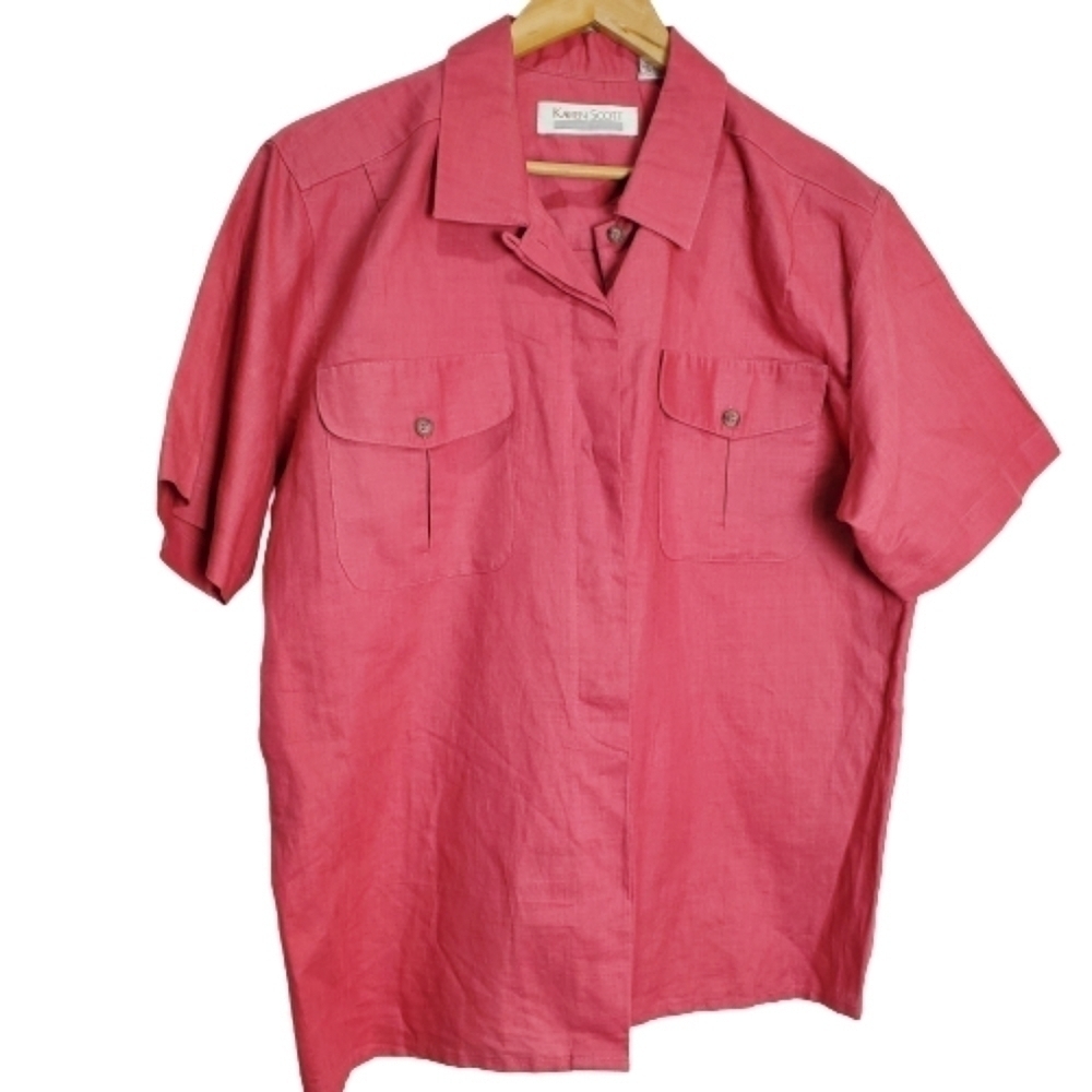 Vintage 90s Karen Scott Pink Short Sleeve Double Chest Pocket Button Blouse 14